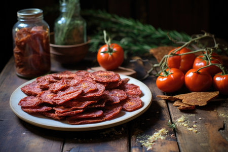 dried tomato slices on a rustic table, created with generative aiの素材