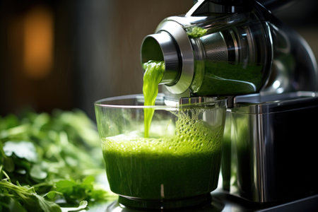close-up of juicer extracting vibrant green juice, created with generative aiの素材