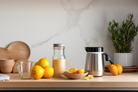 clean, minimalist shot of a modern juicer on kitchen counter, created with generative aiの素材