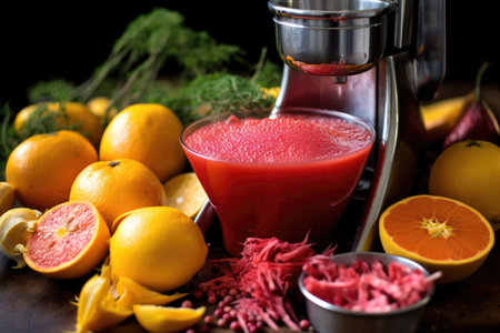 close-up of juicer with vibrant fruit pulp, created with generative aiの素材