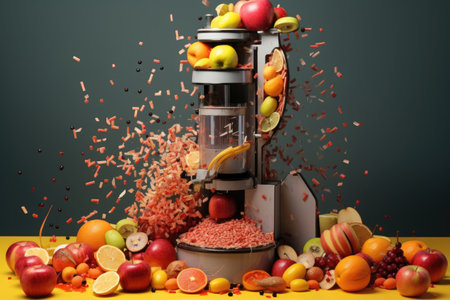 juicing process with fruit pieces entering machine, created with generative aiの素材
