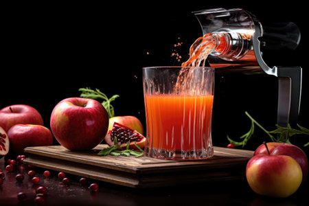 juice pouring into a glass next to a juicer machine, created with generative aiの素材