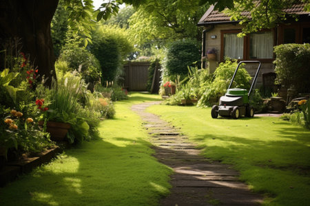 lawn mower grass around a garden path, created with generative aiの素材