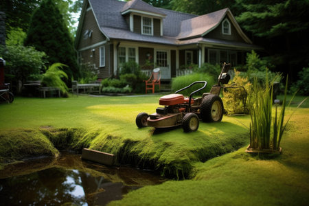 lawn mower grass around a garden pond, created with generative aiの素材