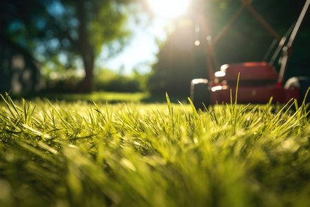 close-up of a lawn mower grass in sunlight, created with generative aiの素材