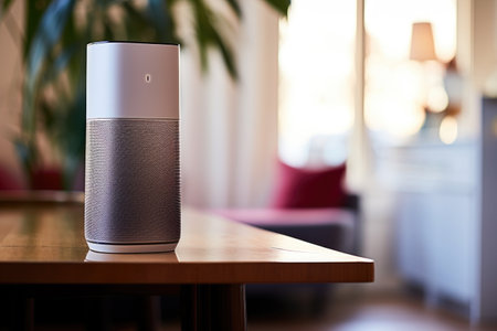 voice assistant speaker next to air conditioner, created with generative aiの素材
