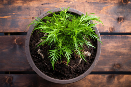 top view of a smart pot with healthy soil and plant roots, created with generative aiの素材