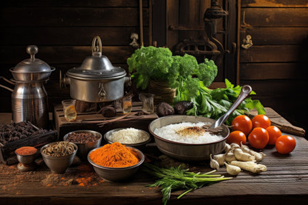 steamer set on rustic wooden table, ingredients beside it, created with generative aiの素材