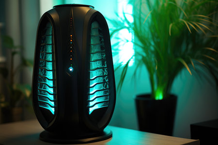 close-up of air purifier with glowing led indicator, created with generative aiの素材