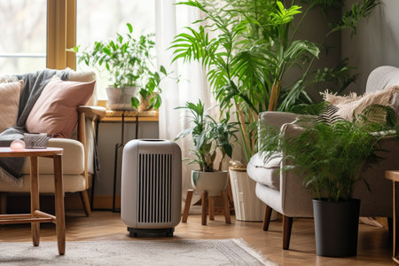 air purifier in cozy living room near houseplants, created with generative aiの素材
