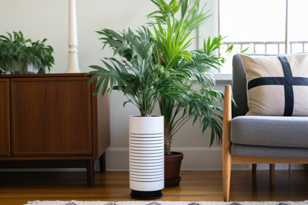 air purifier in a living room next to a potted plant, created with generative aiの素材