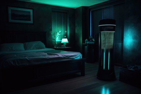air purifier glowing in dark bedroom at night, created with generative aiの素材