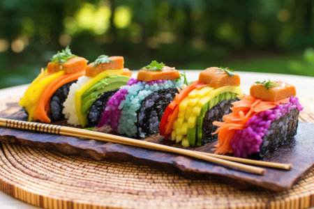 rainbow vegan sushi rolls on a bamboo mat, created with generative aiの素材