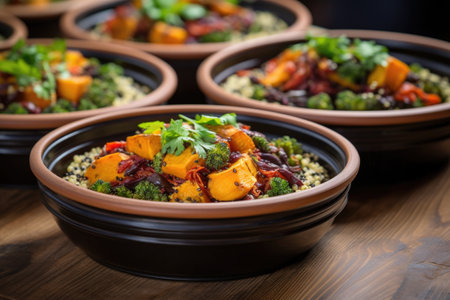 quinoa and roasted vegetable buddha bowls in containers, created with generative aiの素材