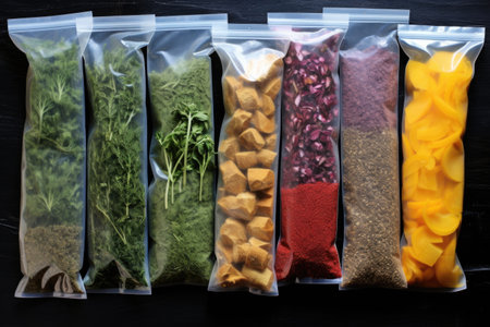 smoothie ingredients prepped in individual freezer bags, created with generative aiの素材