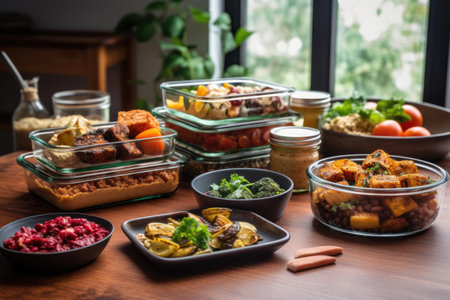 assorted vegan meal prep containers on table, created with generative aiの素材
