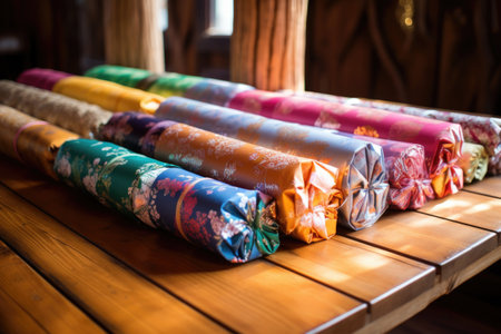 colorful wrapping paper rolls on wooden table, created with generative aiの素材