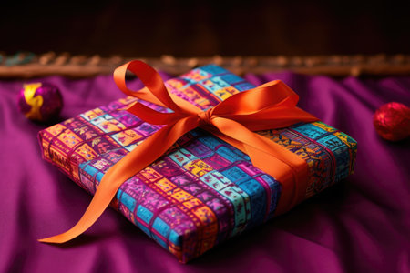 wrapping a gift with colorful fabric, created with generative aiの素材