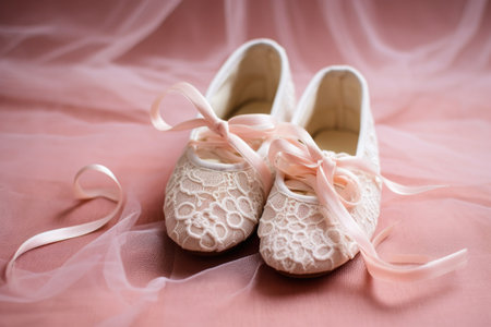 delicate lace ballet shoes on a pastel background, created with generative aiの素材