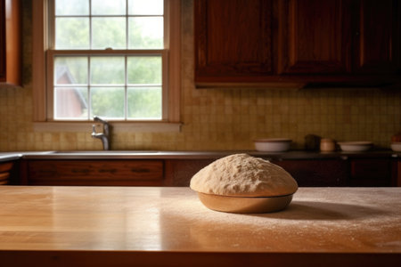 pizza dough hovering above a wooden countertop, created with generative aiの素材