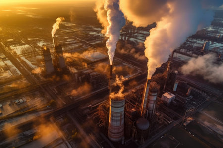 aerial shot of refinery smokestacks emitting steam and smoke, created with generative aiの素材