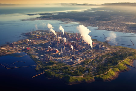 aerial view of oil refinery by a coastline, created with generative aiの素材