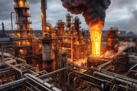 overview of an oil refinerys flare system and emission control, created with generative aiの素材
