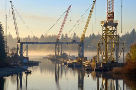construction cranes at work on a bridge project, created with generative aiの素材
