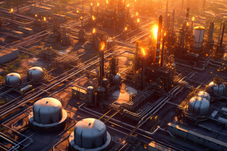 aerial view of an oil refinerys processing units and structures, created with generative aiの素材
