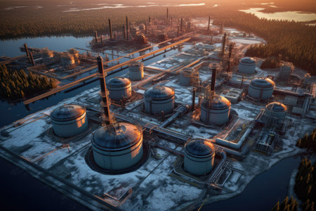 birds-eye view of oil refinery wastewater treatment facilities, created with generative aiの素材