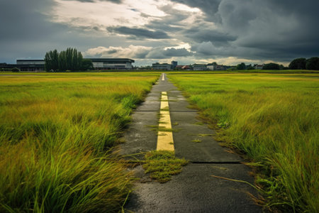 green grass surrounding airport runway contrast, created with generative aiの素材