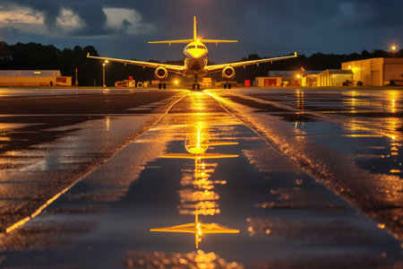 rain-soaked runway reflecting airport lights, created with generative aiの素材