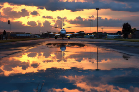 rain-soaked runway reflecting sky colors, created with generative aiの素材