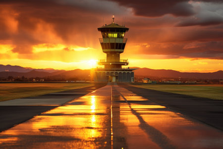 sunset casting golden light on runway and control tower, created with generative aiの素材
