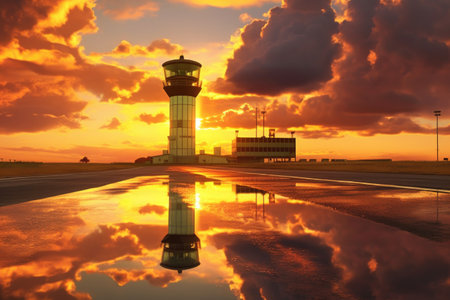 sunset casting golden light on runway and control tower, created with generative aiの素材