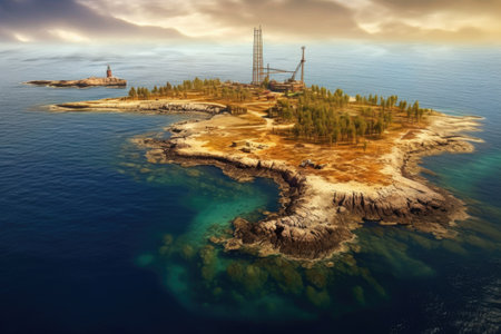 aerial panorama of a coastal oil field near the ocean, created with generative aiの素材