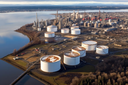aerial view of storage tanks and refinery facilities, created with generative aiの素材