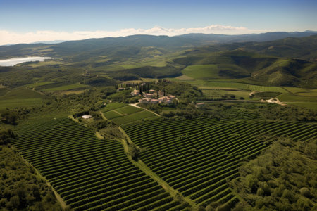 aerial view of olive groves with surrounding landscape, created with generative aiの素材