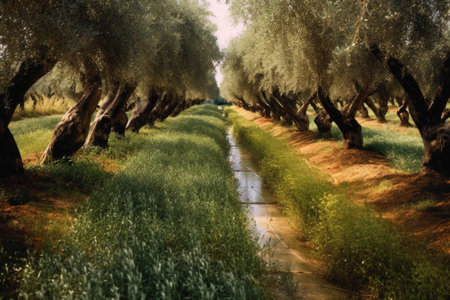 irrigation system snaking through olive grove, created with generative aiの素材