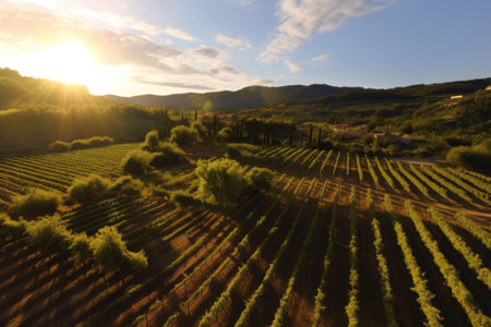 a drones perspective of sunlit olive plantation rows, created with generative aiの素材