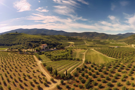 aerial panorama of olive plantation landscape, created with generative aiの素材