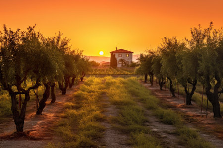 olive plantation at golden hour, warm hues, created with generative aiの素材