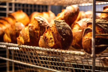 artisan bread cooling on a wire rack in bakery, created with generative aiの素材