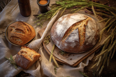overhead view of artisan bread with rustic background, created with generative aiの素材