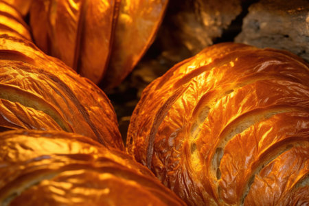 close-up of golden crusty loaves in bakery, created with generative aiの素材
