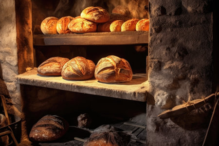 loaves of bread in a traditional wood-fired oven, created with generative aiの素材