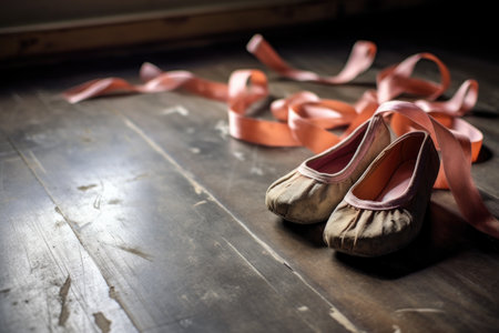 close-up of ballet shoes on studio floor, created with generative aiの素材