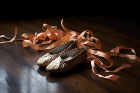 close-up of ballet shoes on studio floor, created with generative aiの素材