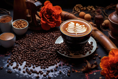 coffee beans and a latte with art on a table, created with generative aiの素材