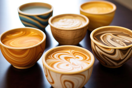 abstract latte art patterns in multiple cups, created with generative aiの素材